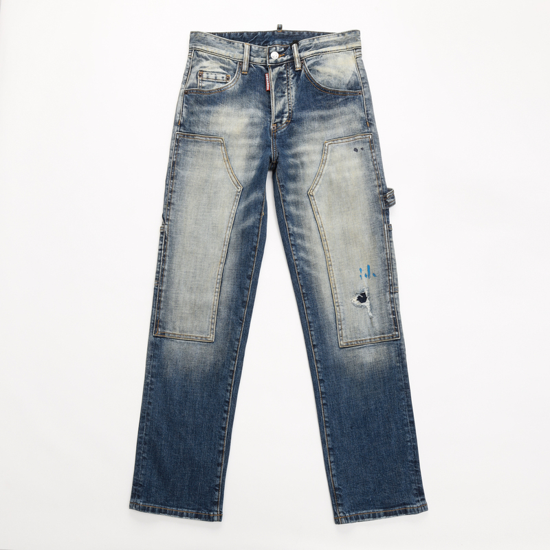 D2 Jeans European Trendy Brand New Blue Vintage Distressed Workwear Large Pocket Straight Loose Jeans for Men