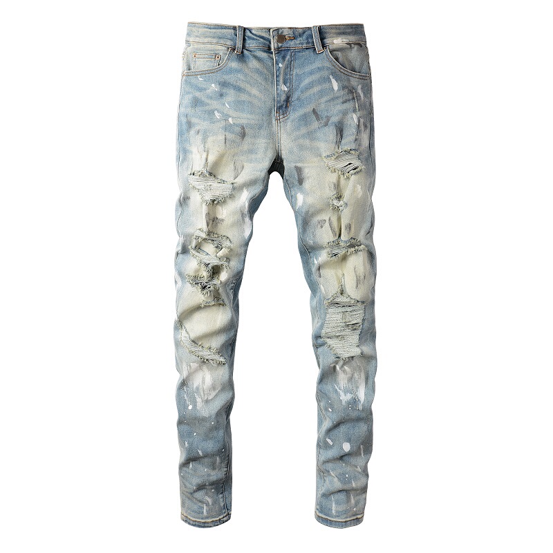 High Street Fashion Brand Amr Spring/Summer New Paint-Splattered Light-Colored Ripped Jeans for Men, Stretchy Slim-Fit Skinny Pants