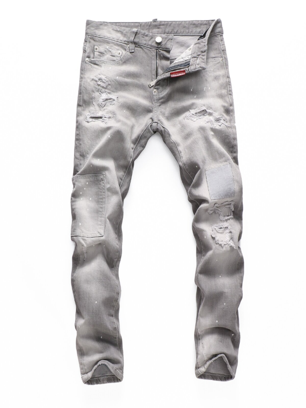 欧洲站新款烟灰色刀割破洞补丁乞丐牛仔裤男韩版潮流修身小脚裤子