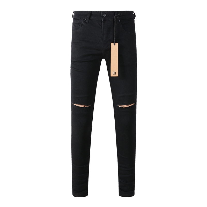 American Trendy Brand Ksu New Black Knee-Cut Ripped Jeans for Men, Stretchy, Slim-Fit Skinny Pants