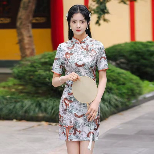 2023春夏新款仿花罗短款旗袍连衣裙日常穿三分袖女年轻款修身