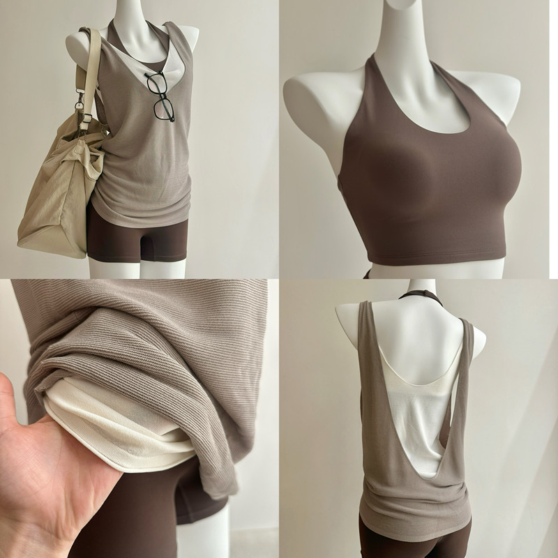 2026 New Color-Blocked Drapey Knit Sleeveless High-End Gray Yoga Outfit Set Pilates Training Halter Top 2026 New Color-Blocked Drapey Knit Sleeveless High-End Gray Yoga Outfit Set Pilates Training Halter Top