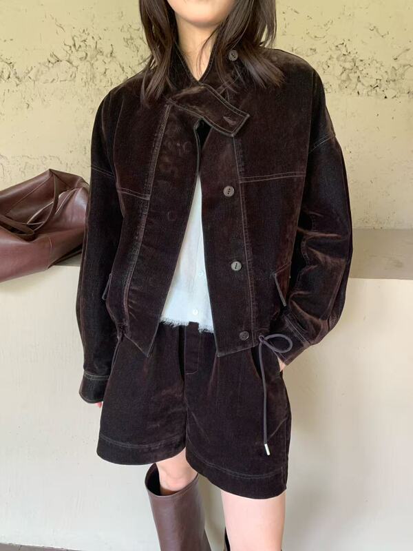 Kaman Enxi 22281 Korean-Style Velvet Denim Workwear Short Jacket for Women 2026 Autumn and Winter Fashionable Top