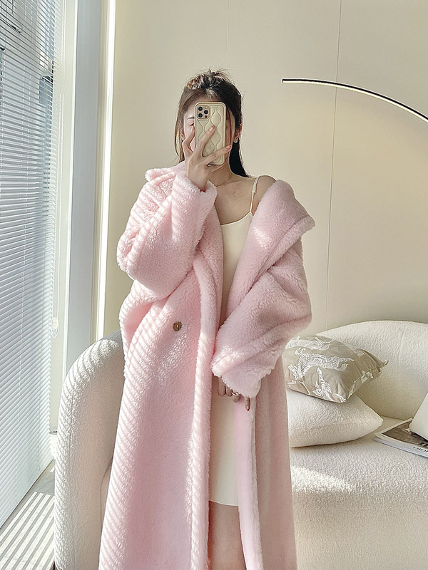 M Brand Pink Lamb Wool New Mid-Length Alpaca Shearling Fur Coat Cherry Blossom Teddy Bear Style Winter Coat