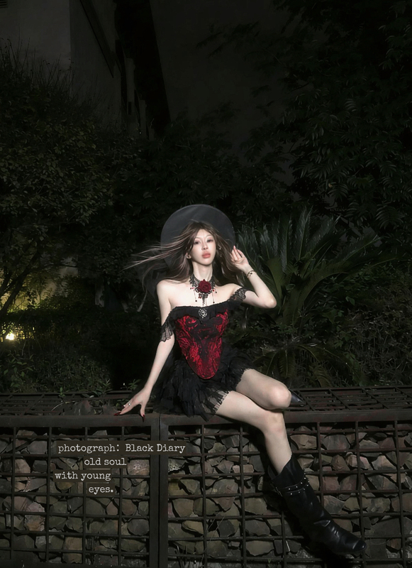 Black Diary | Fallen Angel Halloween Dark Gothic Velvet Corset Top and Cake Puff Skirt Set