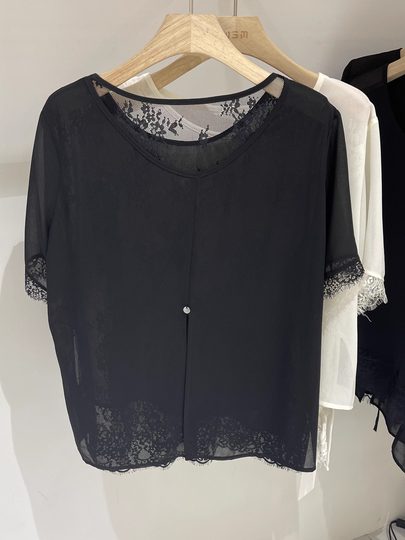 轻薄款蕾丝拼接开叉钉珠短袖雪纺衫女2025夏季新款甜美打底衫上衣