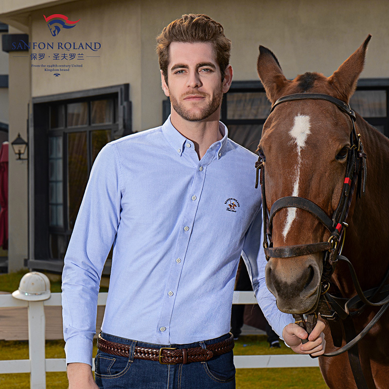 Paul 2023 Autumn New Pure Cotton Men's Long Sleeve Shirt Oxford Fabric Slim Fit Plus Size Blue and White Shirt for Young and Middle-Aged Men