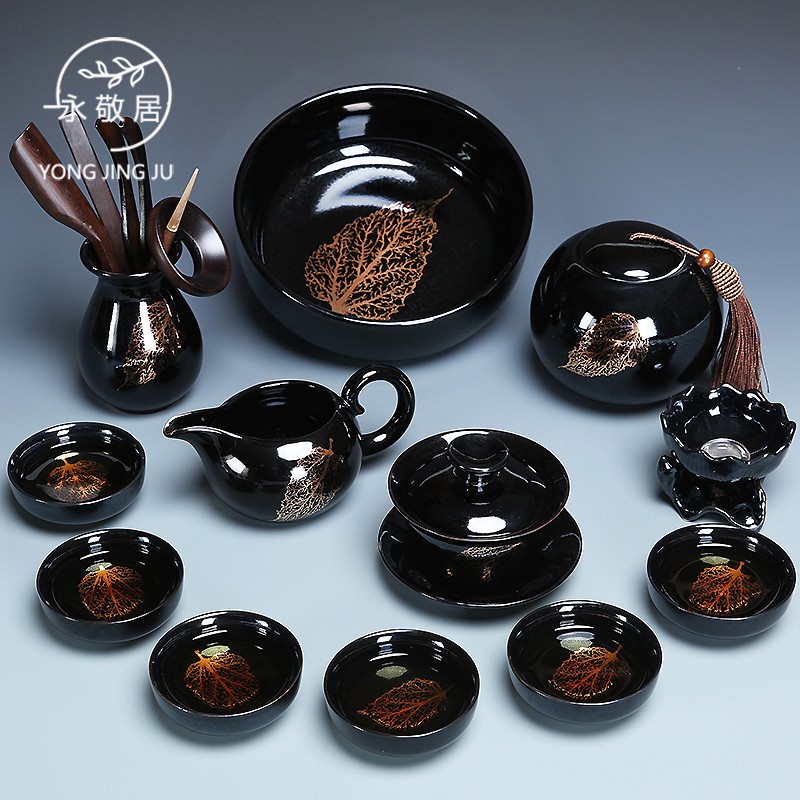 Yongjing dwelling kiln turns glazed and made black ceramic gold leaf for a whole set of household kung fu tea set