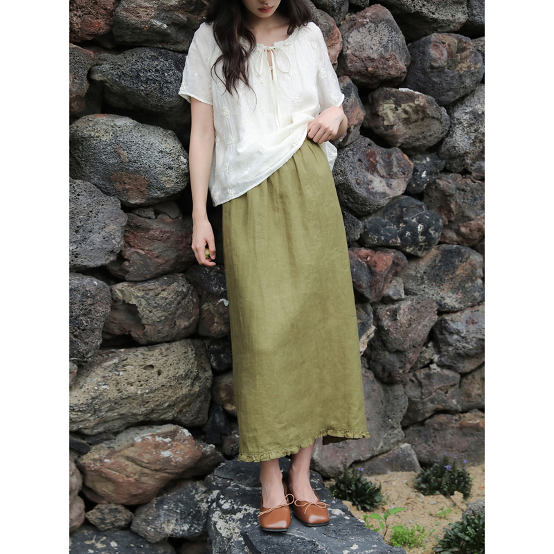 Mustard Dill/100% Linen Summer Breathable Ruffled Skirt Women's Summer Dress High-End Style Outfit