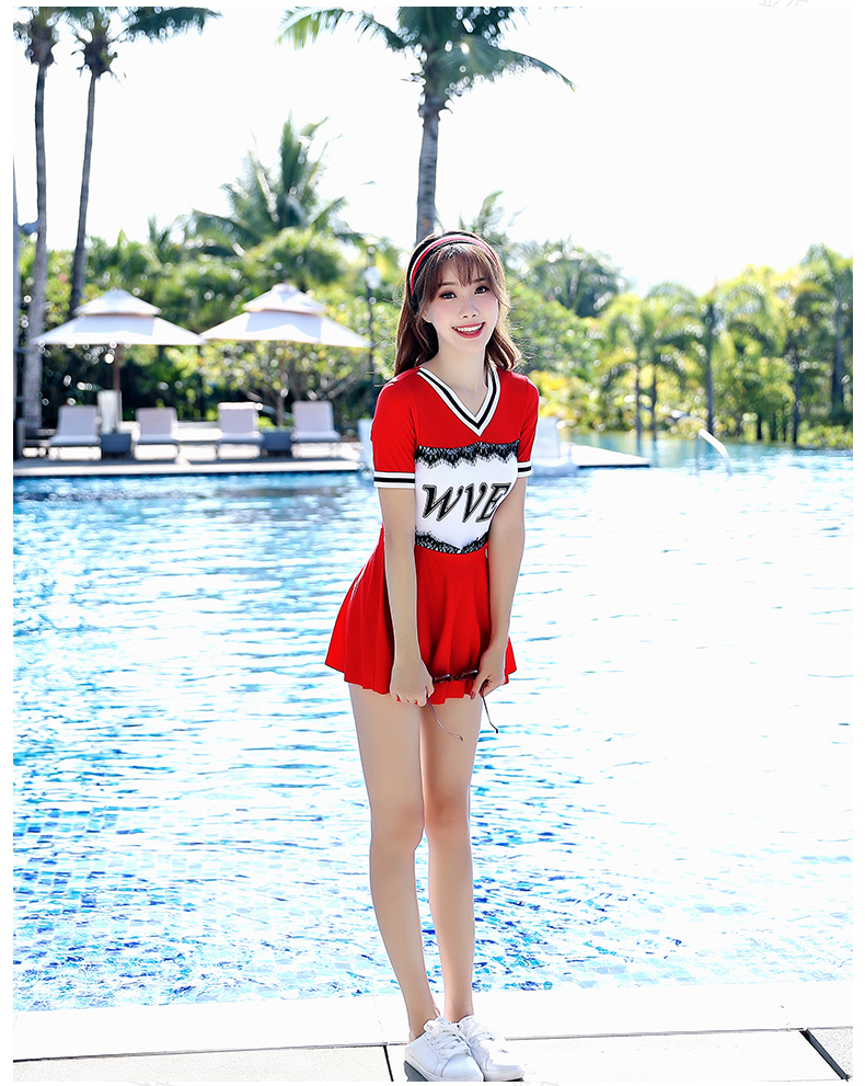 Áo tắm sinh viên Jin Hong nữ bảo thủ một mảnh kiểu váy bụng giảm béo phẳng kích thước lớn áo tắm ngắn tay Hàn Quốc - Bộ đồ bơi One Piece đồ bơi 1 mảnh dáng váy