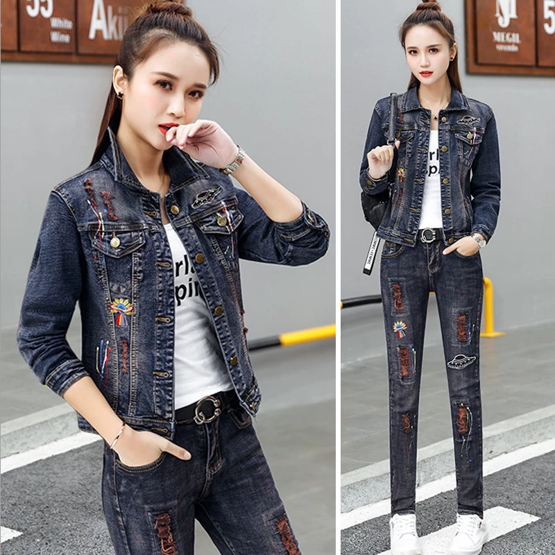 Áo khoác denim retro phù hợp với phụ nữ thời trang phương tây 2020 xu hướng mới mùa xuân và mùa thu quần mỏng hai mảnh - Bộ đồ