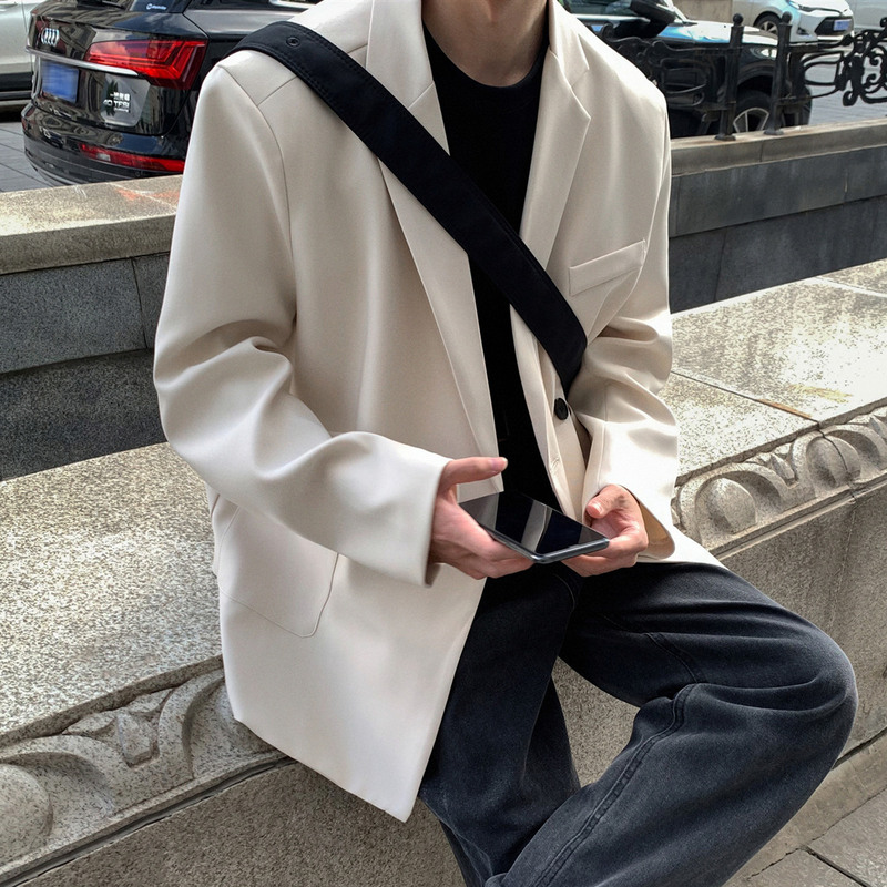 Korean Style Handsome Casual Shoulder-Padded Blazer for Men, Autumn Jacket, Plus Size, Trendy Loose Solid Color Suit for Big and Tall Men