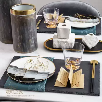 koket can Model Room dinner plate tableware Chinese Black Gold Green brushed Western plate table setting set