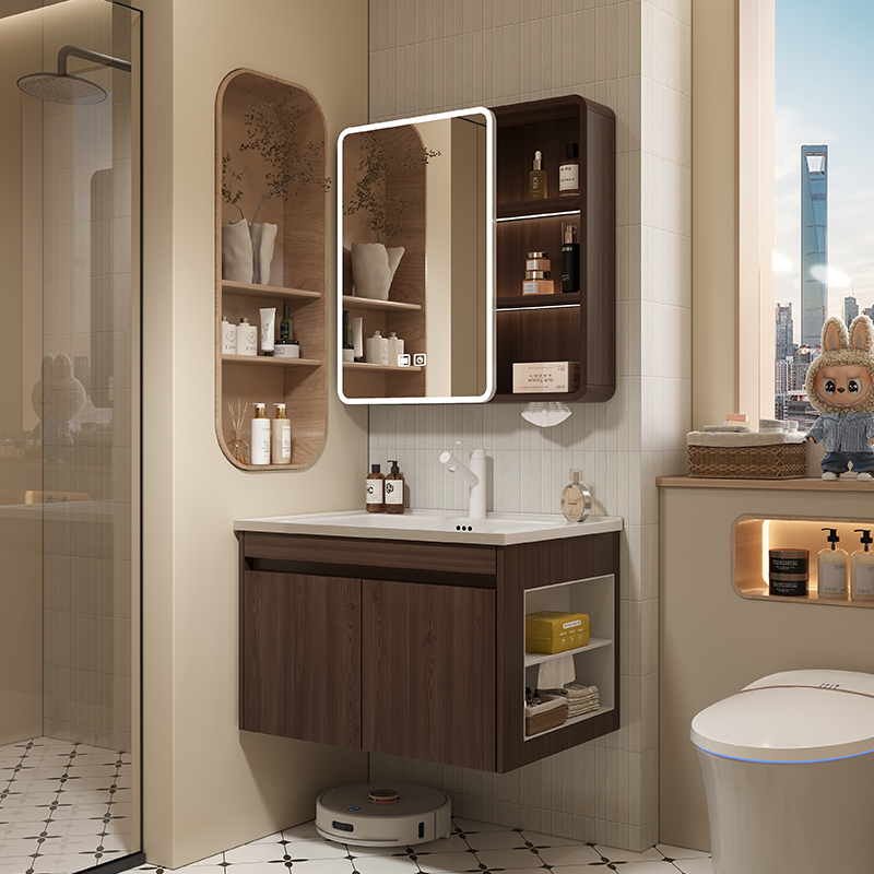 Walnut-Colored Mid-Century Style Small Apartment Honeycomb Aluminum Bathroom Cabinet Set with Side Cabinet and Integrated Ceramic Washbasin