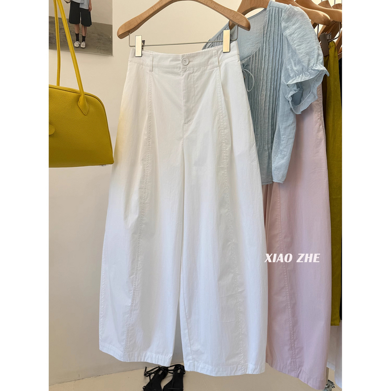 Korean-Style White Casual Wide-Leg Pants for Women, Summer High-Waisted, 150cm Petite, Cropped, Simple Loose Fit, 145