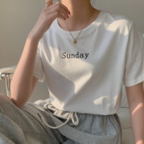 HALO BBING homemade minimalist letters T-shirt printed bottom loose with short sleeves open fork blouse 100 hitch