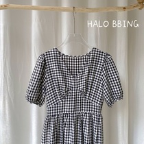 HALO BBING homemade summer new Korean plaid dress V-neck high waist bubble sleeves thin A- line dress