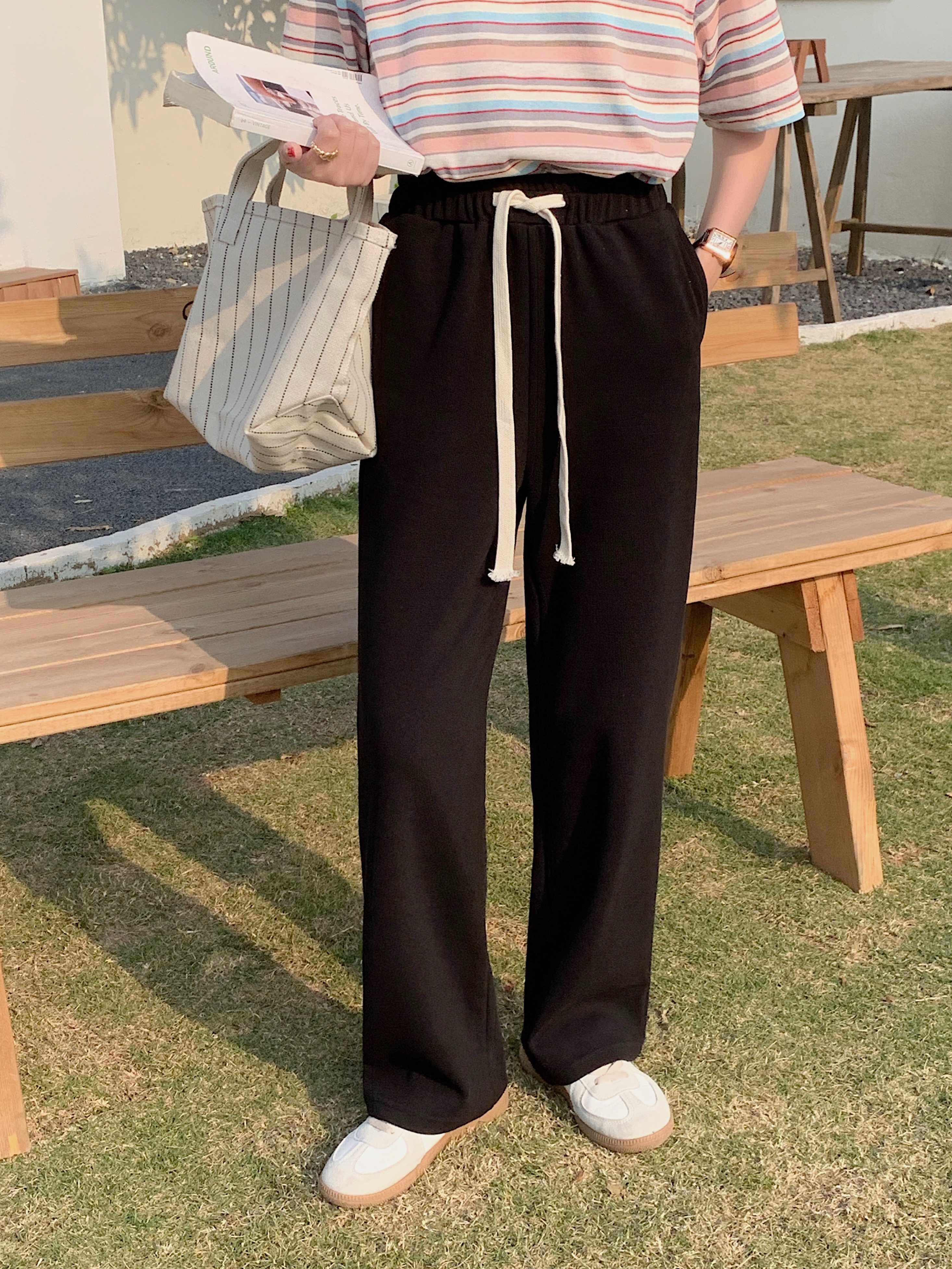 HALO BBING homemade spring summer pumping rope high waist straight cylinder casual pants small sub-display high and thin wide leg pants tug