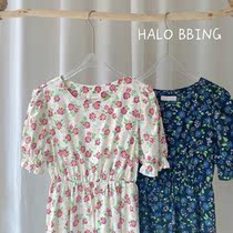 Summer new Korean CHIC floral dress waist slim skirt women elastic high waist thin A- line dress