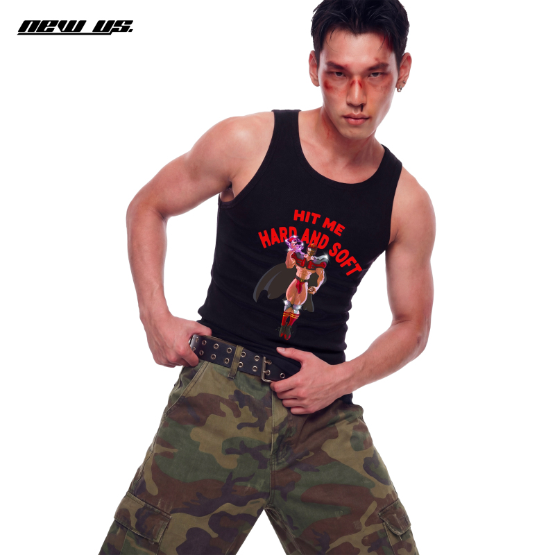 Newus American-Style Anime Print Muscle Fitness Tank Top for Men, Summer Slim-Fit Sports Black Sleeveless T-Shirt