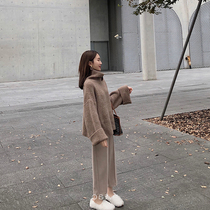 Autumn 2021 new large size womens loose lazy wind sweater thin Western style wide leg pants autumn and winter