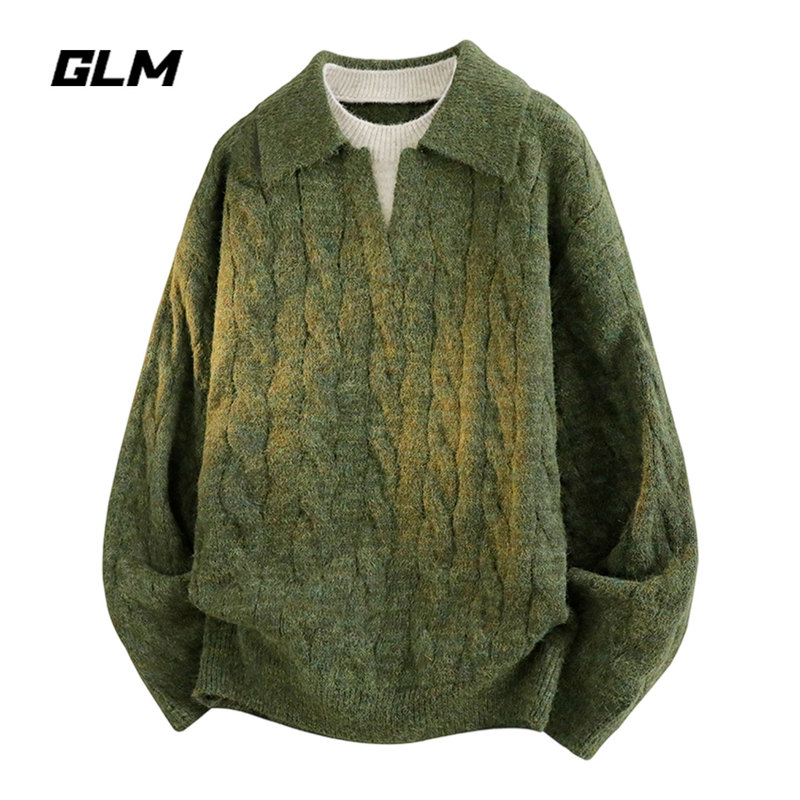 Glm Official Genuine Green Faux Two-Piece French Retro Cable Knit Sweater with Lapel for Men, Spring and Summer Top