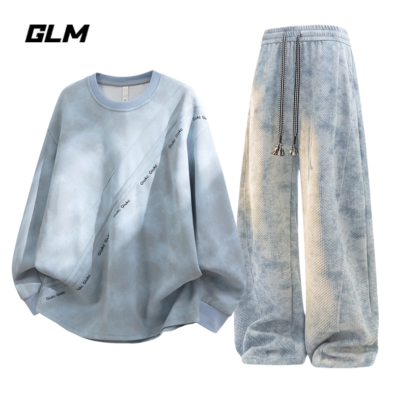 Glm Official Authentic American-Style Trendy Brand Tie-Dye Blue Full Set Men's Autumn Casual Chic Two-Piece Set