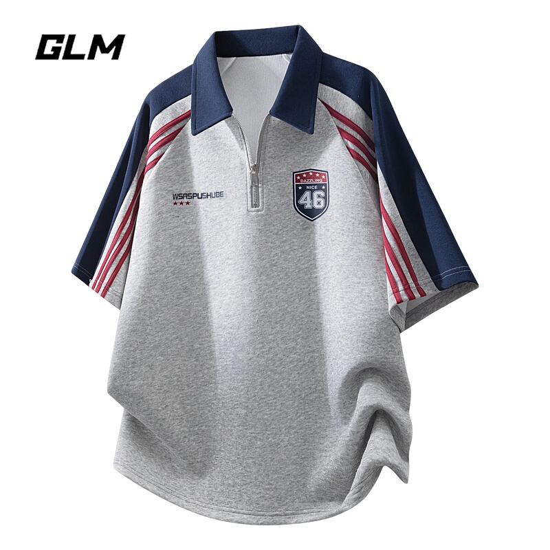 Glm Official Genuine Color-Block Striped Short-Sleeve Hidden Logo Polo Men's Summer Stylish Regular Shoulder V-Neck Football T-Shirt