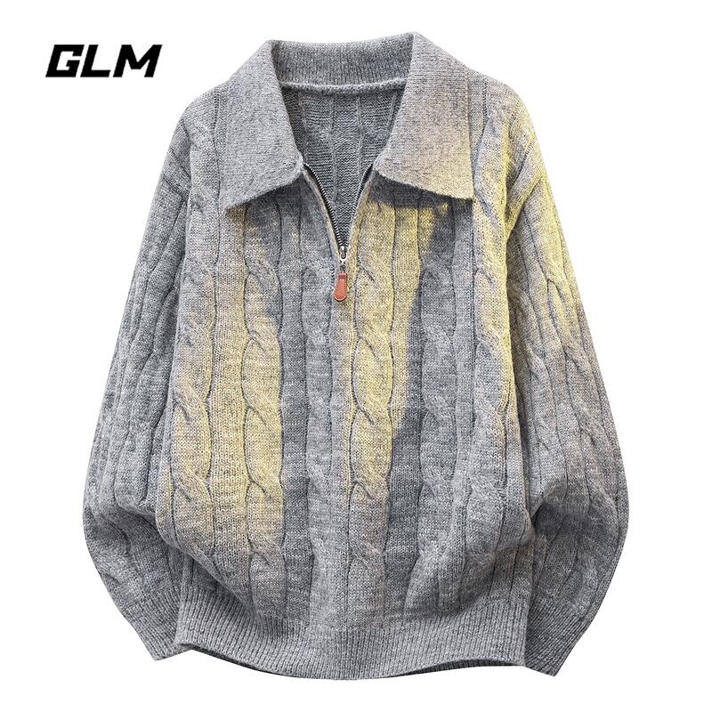 Glm Official Authentic Lazy Old-Money Style Half-Zip Cable Knit Sweater for Men, Autumn Warm Turn-Down Collar Sweater