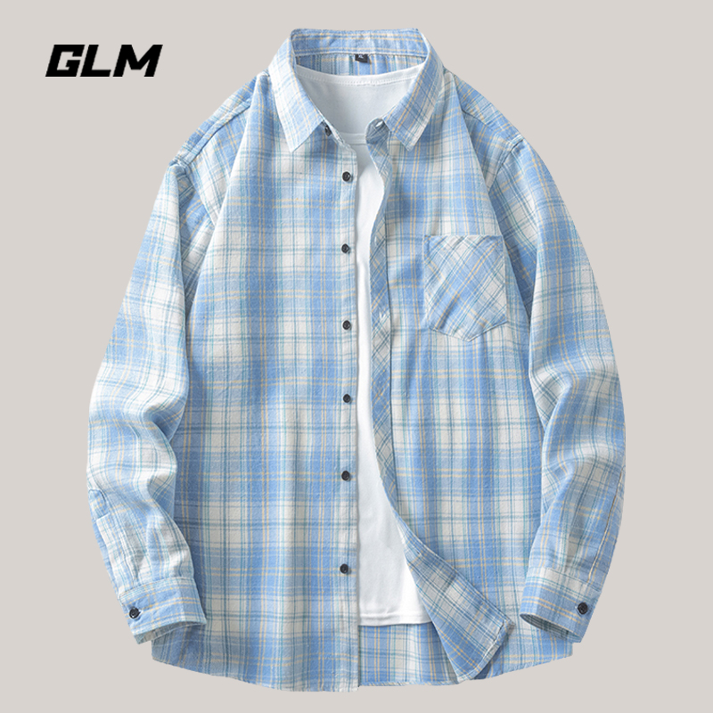 GLM公式正規品 男児用 縦型 ブルー チェックシャツ 長袖シャツ メンズ 春夏 着 ジャケット 中学生