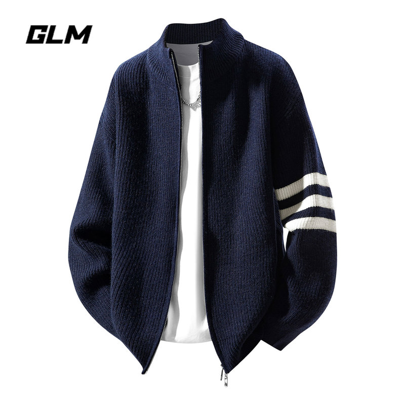 Glm Official Genuine Stand-Up Collar Thin Zipper Cardigan Sweater for Men, Spring and Summer Cool and Stylish Jacket with Three Stripes Knitwear