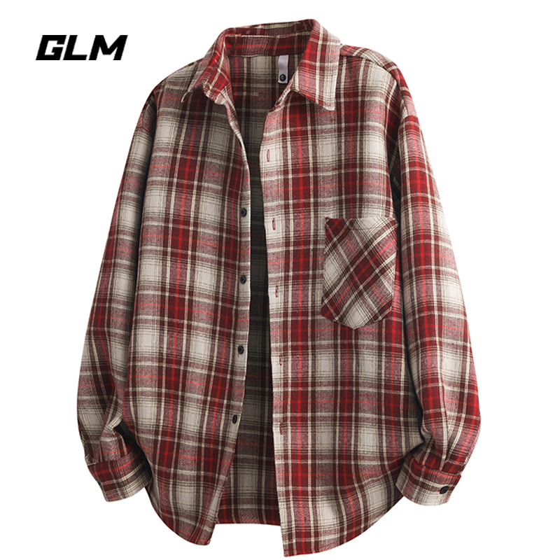 Glm Official Authentic Chic Style Red Long-Sleeved Plaid Shirt Jacket Large Size Men's Shirt Autum Clothing