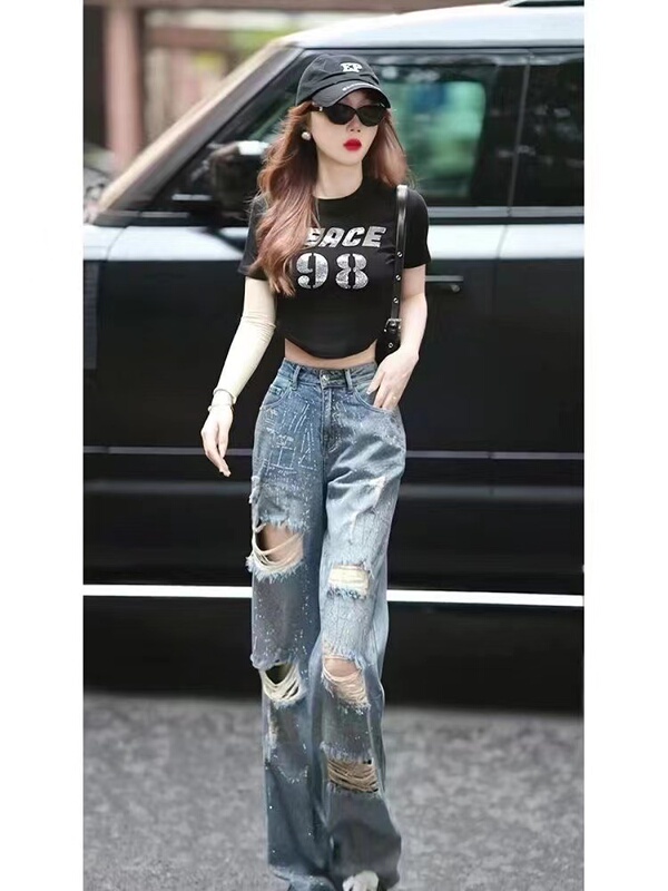 Summer New Design Ripped High-Waisted Heavy-Duty Rhinestone Jeans for Women, Slimming Loose Straight Wide-Leg Pants, Thin Style