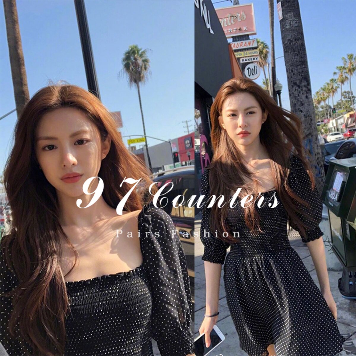 sandro asw puff sleeve dress women's 2022 summer new waist and thin square collar chiffon polka dot skirt