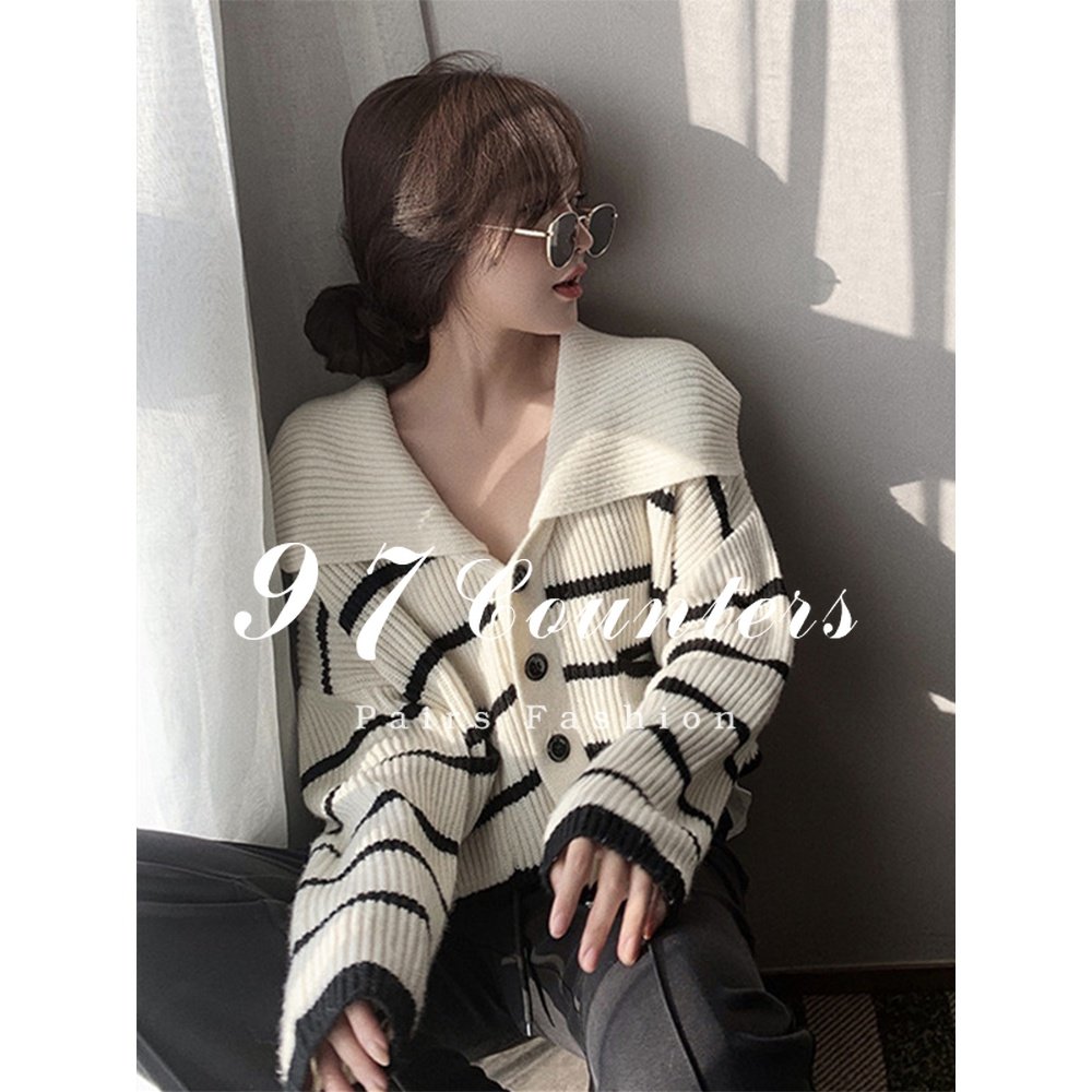 sandro asw Small Fragrant Striped Knit 2021 New Korean Loose Hit Sweater Cardigan Jacket