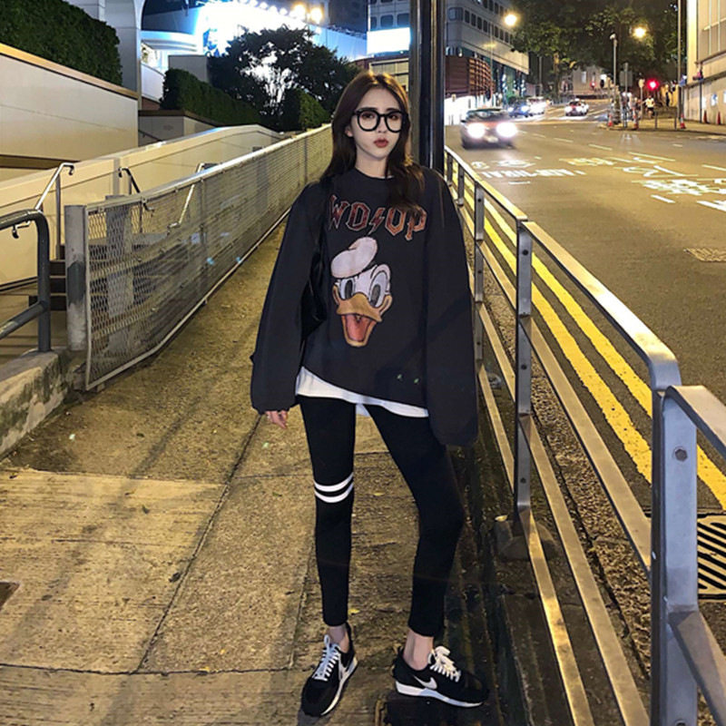 sandro asw Korean version thick cotton T women's medium and long version autumn and winter loose casual plus velvet top all-match cartoon printing