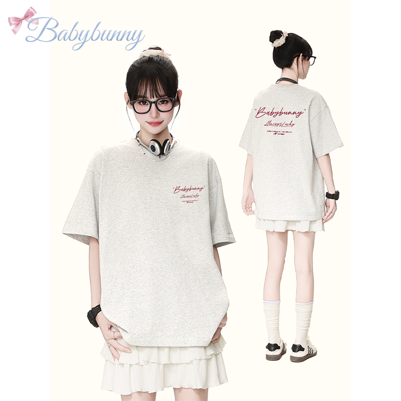 Babybunny Korean Style Design Letter Print Short-Sleeved T-Shirt for Women Pure Cotton Summer New Loose and Versatile Top