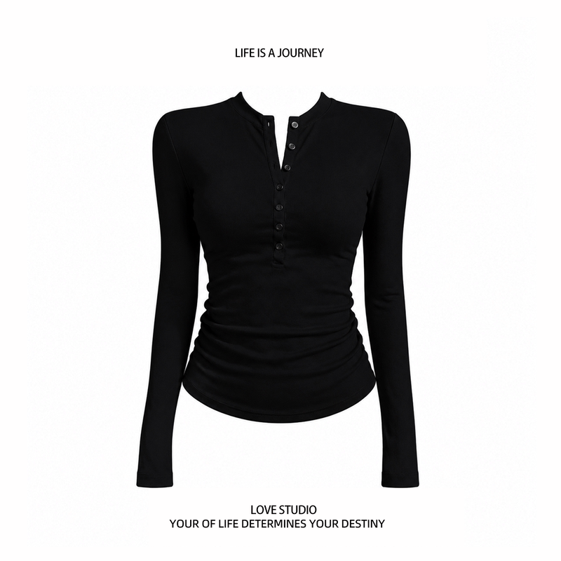 Babybunny American Simple Basic Style Solid Color Henry Collar Long-Sleeved T-Shirt for Women, Autumn Slim-Fit Short Top Babybunny American Simple Basic Style Solid Color Henry Collar Long-Sleeved T-Shirt for Women, Autumn Slim-Fit Short Top