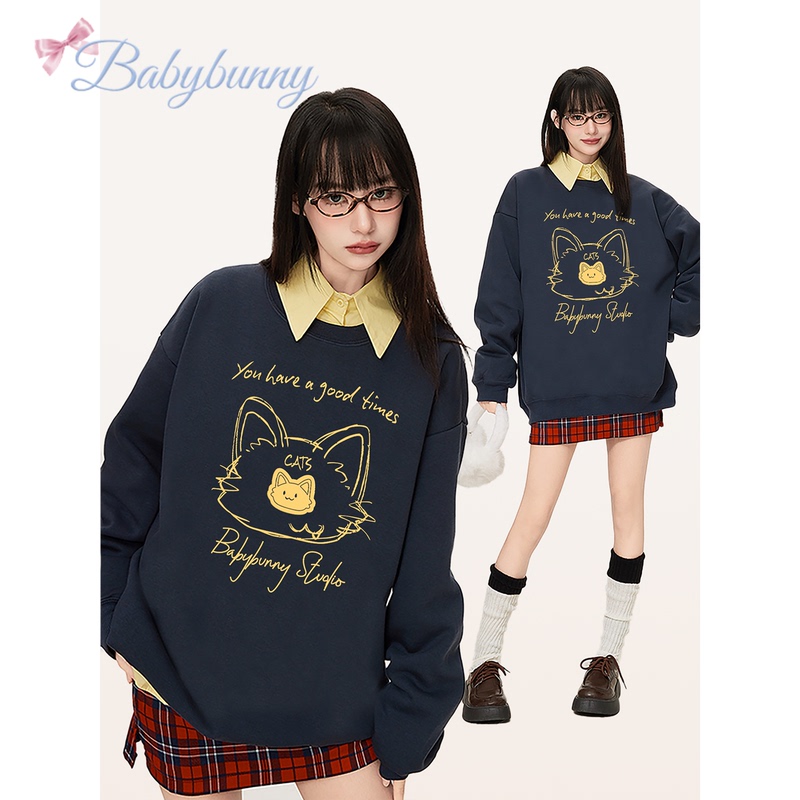 Babybunny Creative Hand-Painted Kitten Round-Neck Sweatshirt for Women 2026 Autumn and Winter New Korean Style Versatile Top Jacket