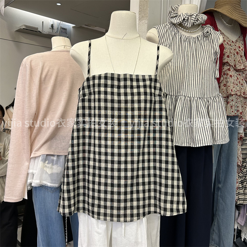 Summer New Arrivals Korean Style Minimalist Lazy Casual Versatile Plaid Square Neck Narrow Shoulder Strap A-Line Camisole Top for Women