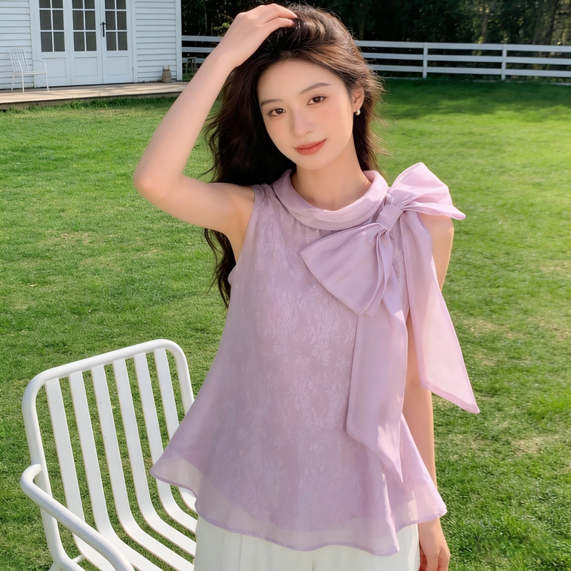 Purple Bow Sleeveless Chiffon Blouse for Women, New Summer Style, High-End, Unique and Stunning Top