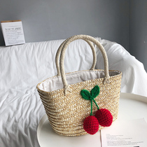 Portable grass woven bag Cherry wheat grass hand woven bag womens leisure grass bag Beach bag tourism seaside vacation bag