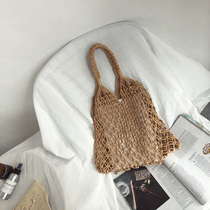 Cotton rope braided hollow shoulder handbag bag Khaki wild student school bag Large capacity beach bag Fishnet bag