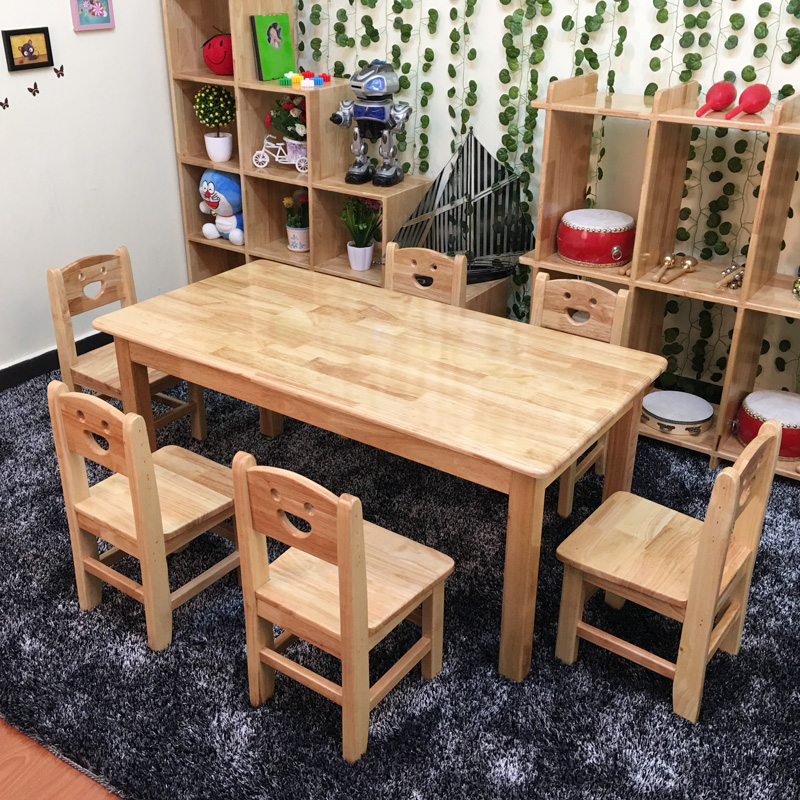 Solid Wood Kindergarten Class Table And Chairs Suit Children Table Babies Study Table Chairs Six-person Table Rectangular Toy Table