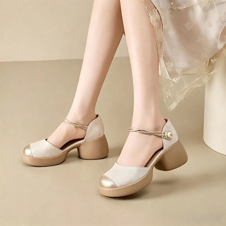 Real Leather Thick-Soled Elegant Closed-Toe Sandals for Women, Summer Shoes with a Chinese Style, Chanel-Inspired Chunky High Heels Real Leather Thick-Soled Elegant Closed-Toe Sandals for Women, Summer Shoes with a Chinese Style, Chanel-Inspired Chunky High Heels