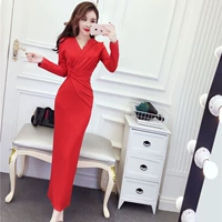 Mùa xuân mới 2019 của phụ nữ khí chất Hàn Quốc nữ cổ chữ V dài tay eo thon túi đeo hông váy đầm nữ - Sản phẩm HOT đầm đẹp giá rẻ