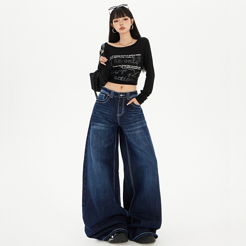 High-Waisted Wide-Leg Jeans for Women, New Spring/Summer American Retro High-Street Loose Drape Washed Straight-Leg Floor-Length Pants