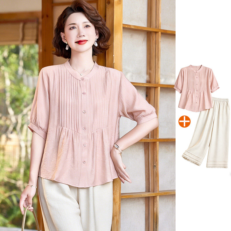 母亲节妈妈夏装套装棉麻短袖开衫新款洋气上衣中老年女时尚两件套