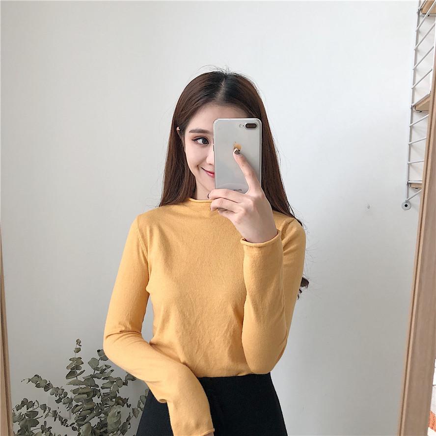 Phiên bản Hàn Quốc của mùa thu và mùa đông sang trọng nửa cổ cao uốn xoăn màu rắn chạm đáy áo len nữ dài tay hoang dã bộ áo len mỏng shop thời trang nữ