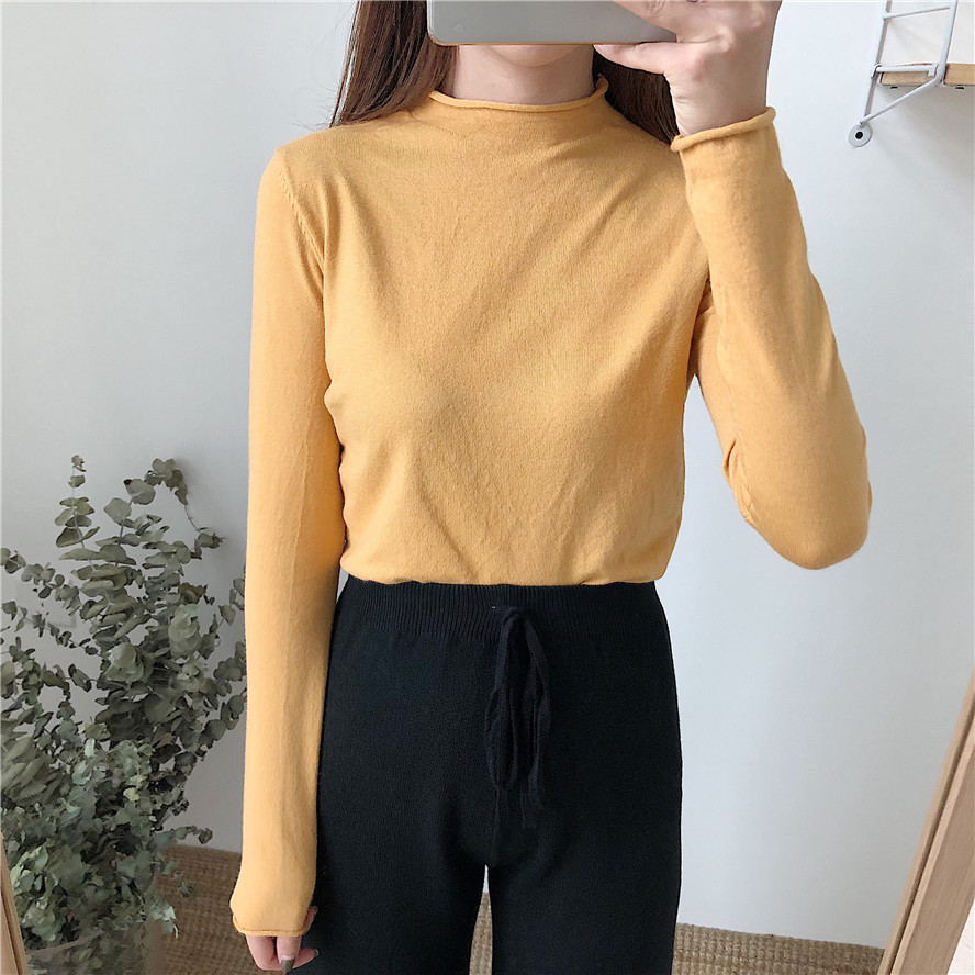 Phiên bản Hàn Quốc của mùa thu và mùa đông sang trọng nửa cổ cao uốn xoăn màu rắn chạm đáy áo len nữ dài tay hoang dã bộ áo len mỏng shop thời trang nữ